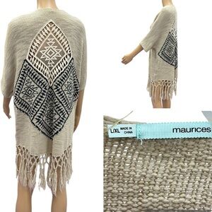 Maurices Fringed Open Front Crochet Back Short Sleeve Knit Cardigan Women L XL